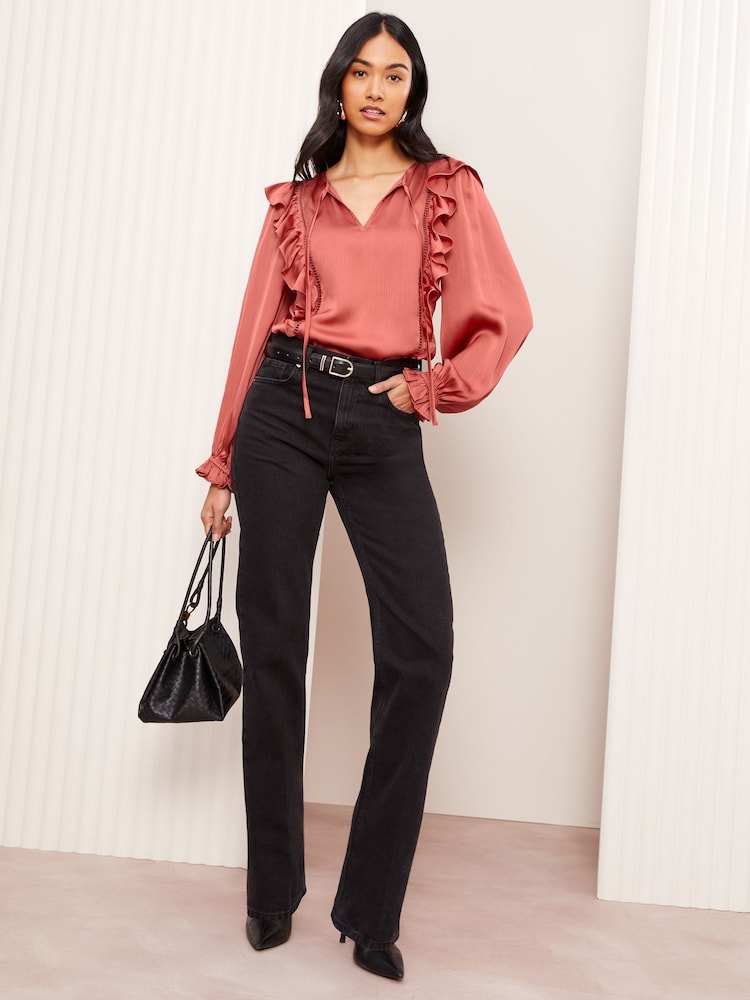 Friends Like These Pink Long Sleeve Ruffle Trim Tie Front Blouse - Image 2 of 4