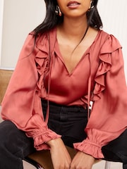 Friends Like These Pink Long Sleeve Ruffle Trim Tie Front Blouse - Image 3 of 4