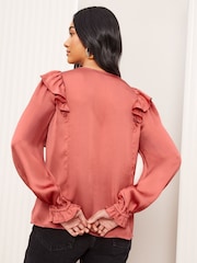 Friends Like These Pink Long Sleeve Ruffle Trim Tie Front Blouse - Image 4 of 4