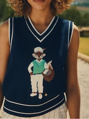 Joules Jonty Navy Intarsia Fox Knitted Cotton Vest - Image 1 of 9