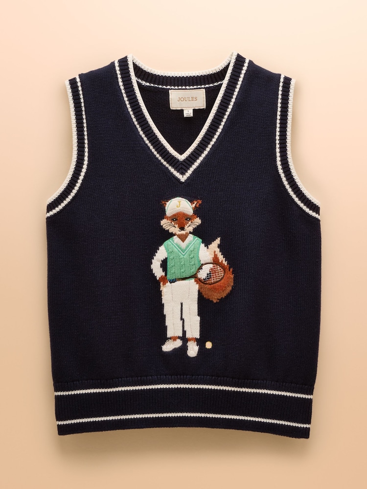 Joules Jonty Navy Intarsia Fox Knitted Cotton Vest - Image 9 of 9