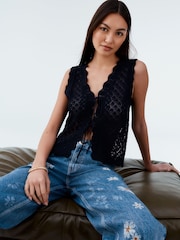 Blue Navy Lace Knit Tie Front Vest with Linen - Image 1 of 8