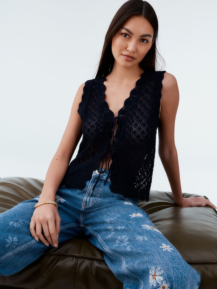 Blue Navy Lace Knit Tie Front Vest with Linen - Image 1 of 8