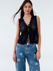 Blue Navy Lace Knit Tie Front Vest with Linen - Image 2 of 8