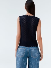 Blue Navy Lace Knit Tie Front Vest with Linen - Image 4 of 8