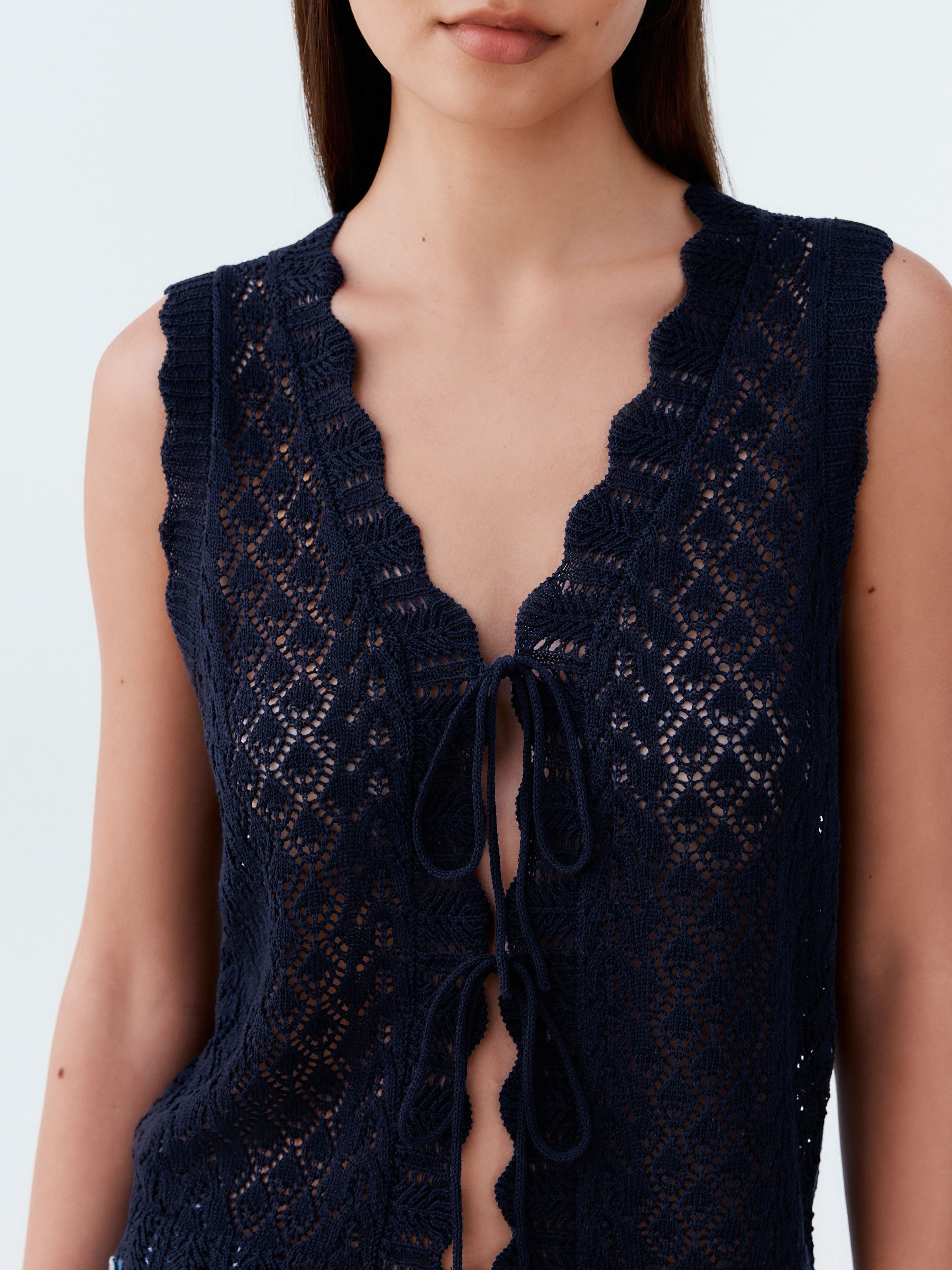 Buy Blue Navy Lace Knit Tie Front Vest with Linen from the Next UK