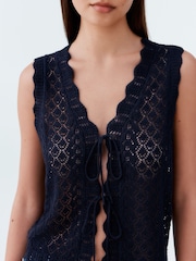 Blue Navy Lace Knit Tie Front Vest with Linen - Image 5 of 8