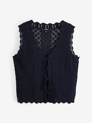 Blue Navy Lace Knit Tie Front Vest with Linen - Image 6 of 8