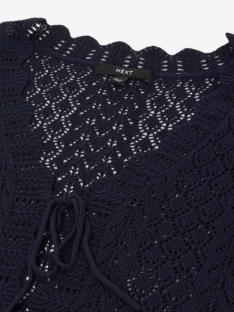 Blue Navy Lace Knit Tie Front Vest with Linen - Image 8 of 8