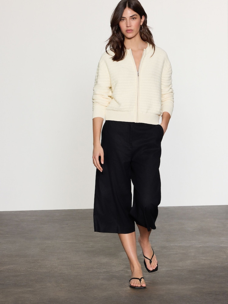 أبيض Ecru - Knitted Zip-Up Bomber Jacket with Cotton - صورة 2 من 8