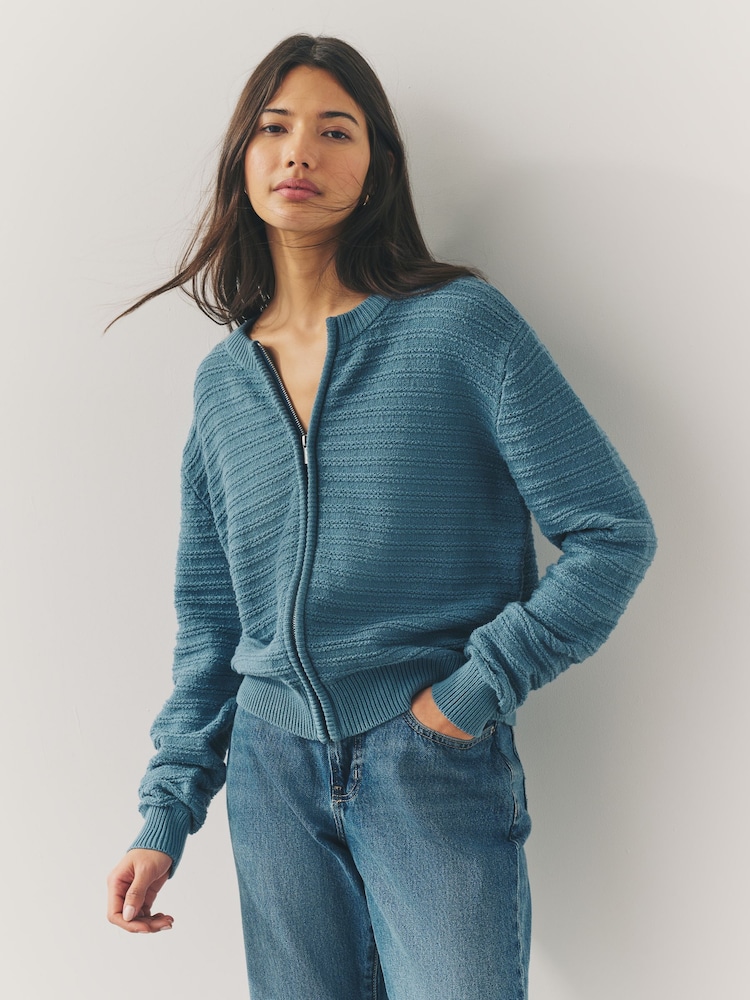Cambray azul - Chaqueta bomber de punto con cremallera y algodón - Imagen 1 de 7 Cambray azul - Chaqueta bomber de punto con cremallera y algodón - Imagen 1 de 7