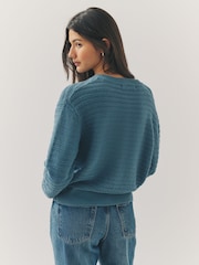 أزرق شامبراي - Knitted Zip-Up Bomber Jacket with Cotton - صورة 3 من 7