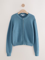 أزرق شامبراي - Knitted Zip-Up Bomber Jacket with Cotton - صورة 5 من 7