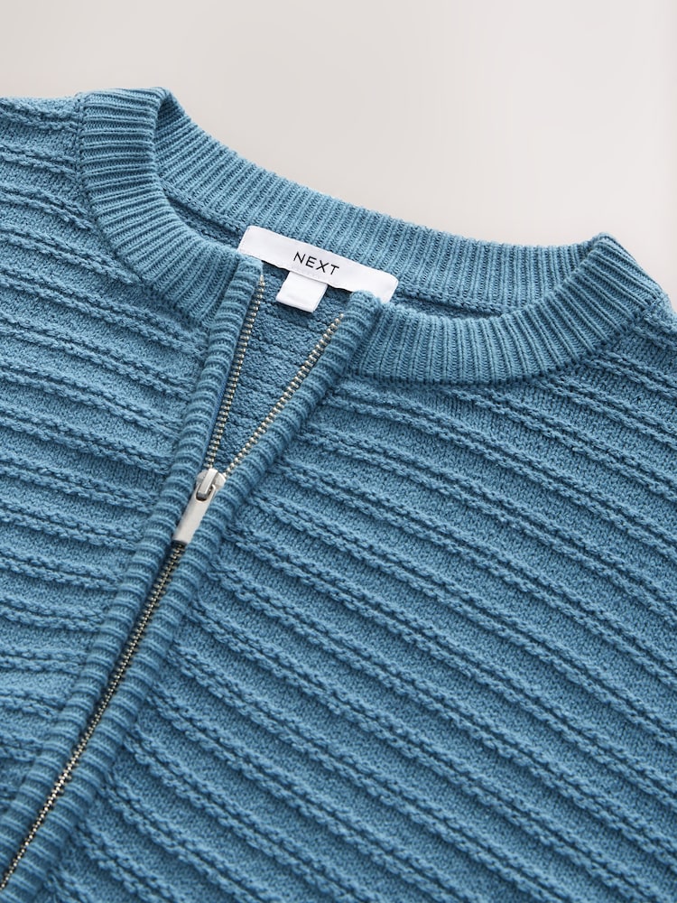 أزرق شامبراي - Knitted Zip-Up Bomber Jacket with Cotton - صورة 7 من 7