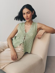Green Sage Lace Knit Tie Front Vest with Linen - Image 1 of 7