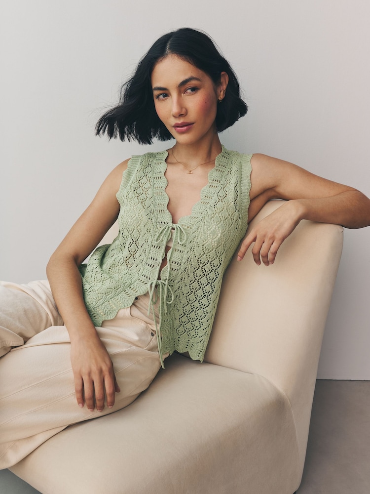 Green Sage Lace Knit Tie Front Vest with Linen - Image 1 of 7