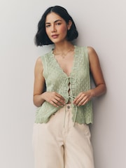 Green Sage Lace Knit Tie Front Vest with Linen - Image 2 of 7