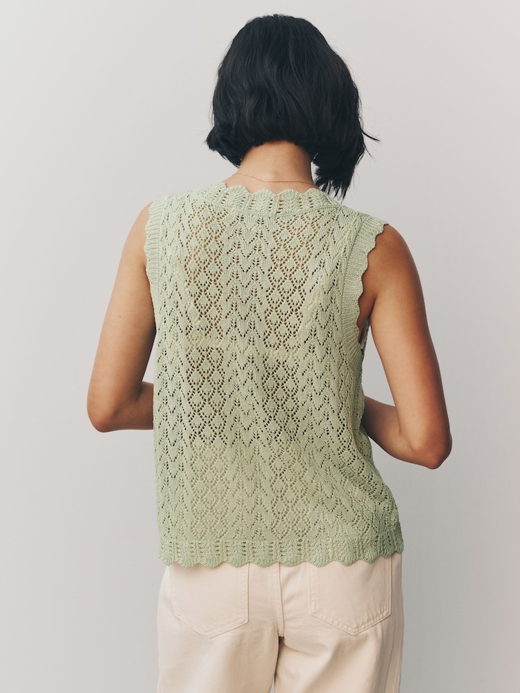 Green Sage Lace Knit Tie Front Vest with Linen - Image 3 of 7
