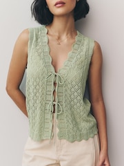 Green Sage Lace Knit Tie Front Vest with Linen - Image 4 of 7