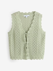 Green Sage Lace Knit Tie Front Vest with Linen - Image 5 of 7