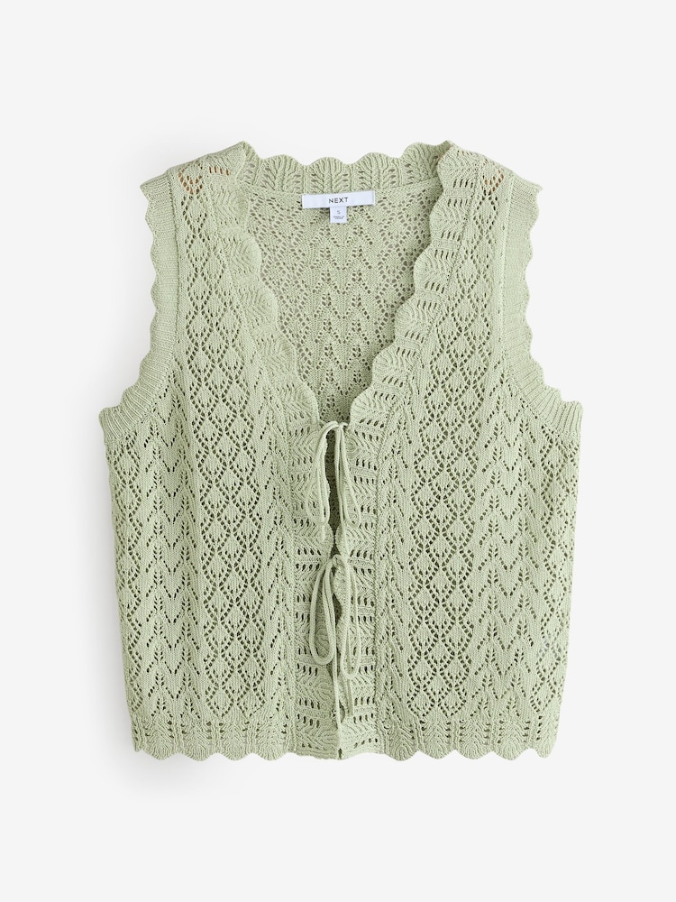 Green Sage Lace Knit Tie Front Vest with Linen - Image 5 of 7