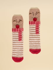 Joules Kids' Fluffy Reindeer Brown Character Socks - Image 1 of 3