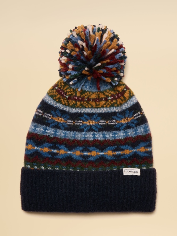 Joules Riley Multi Navy Cosy Lined Fairisle Bobble Hat - Image 2 of 6 Joules Riley Multi Navy Cosy Lined Fairisle Bobble Hat - Image 2 of 6