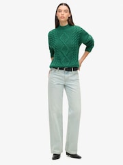 Superdry Green Aran Cable Knit Polo Jumper - Image 1 of 6