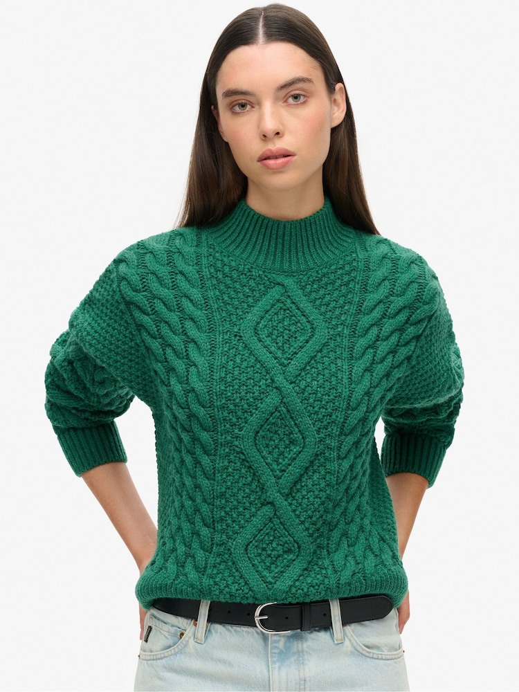 Superdry Green Aran Cable Knit Polo Jumper - Image 2 of 6