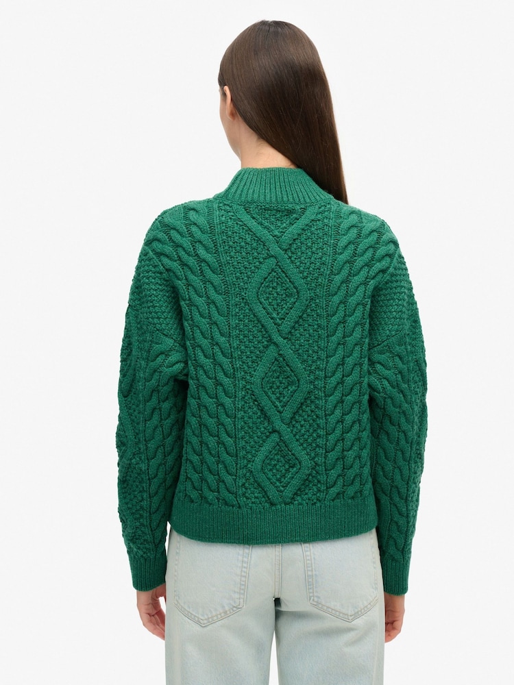 Superdry Green Aran Cable Knit Polo Jumper - Image 3 of 6