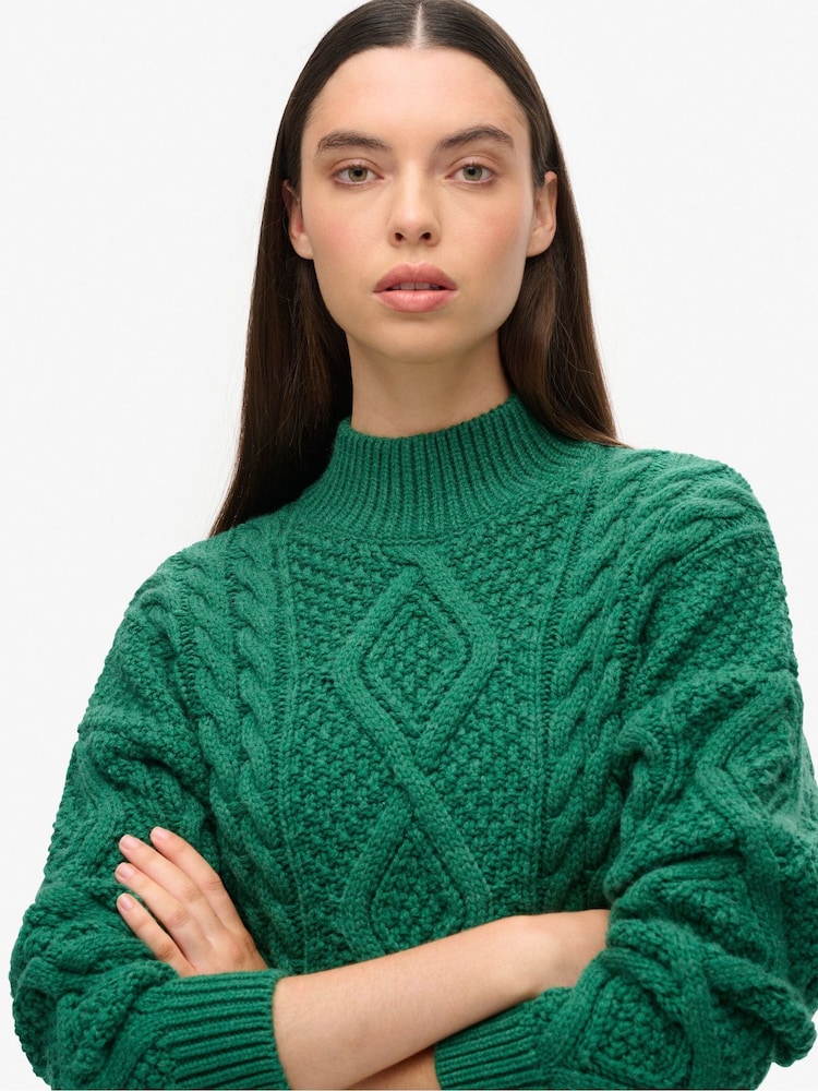 Superdry Green Aran Cable Knit Polo Jumper - Image 4 of 6