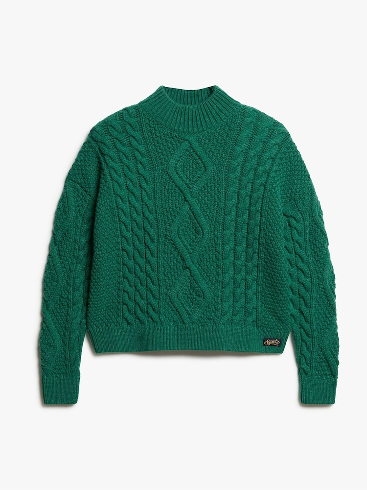 Superdry Green Aran Cable Knit Polo Jumper - Image 5 of 6