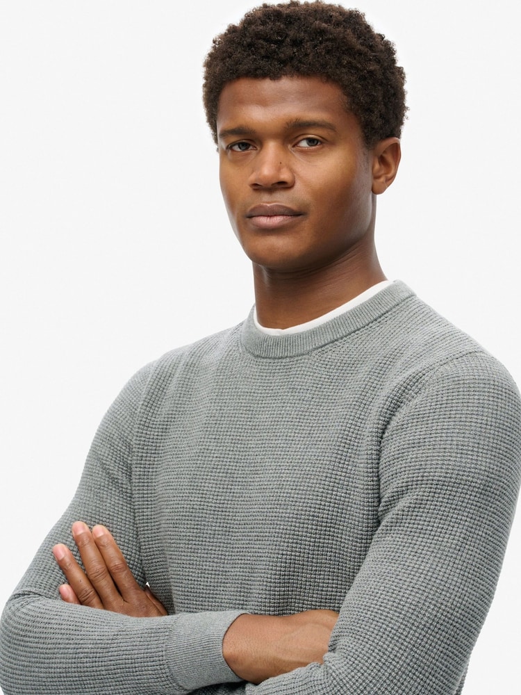 Superdry Grey Textured Crew Knitted 100% Cotton Jumper - Image 2 of 4