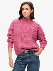 Superdry Pink Aran Cable Knit Polo Jumper - Image 1 of 6