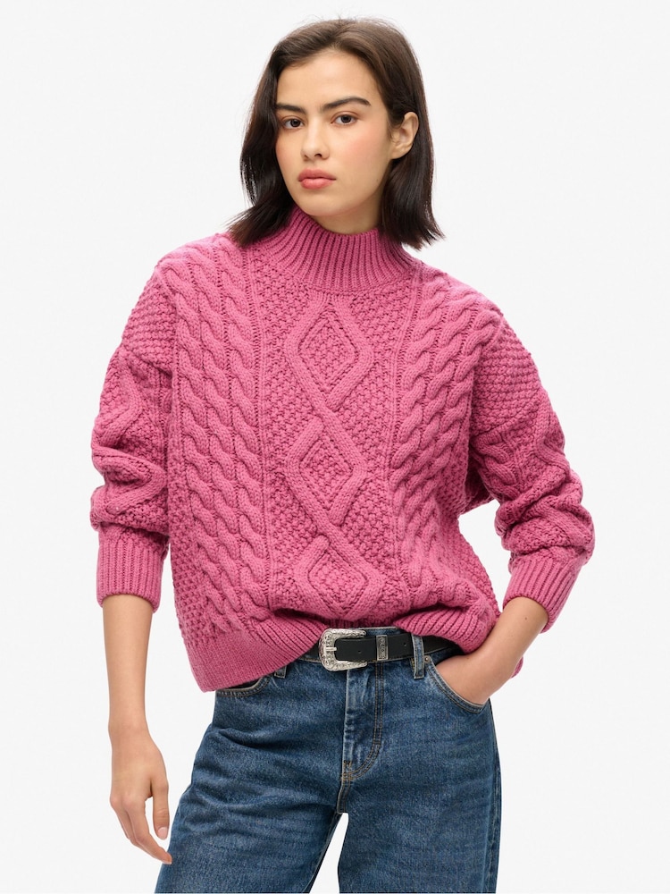 Superdry Pink Aran Cable Knit Polo Jumper - Image 1 of 6