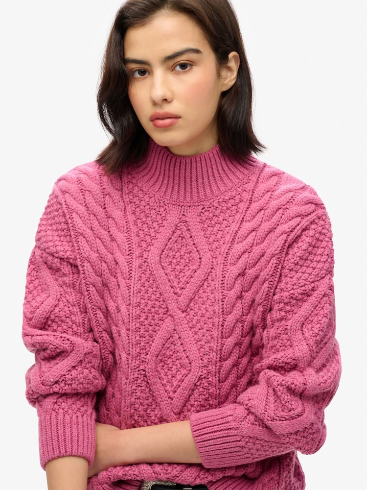 Superdry Pink Aran Cable Knit Polo Jumper - Image 4 of 6