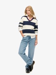Superdry Blue Oversized Stripe Cable V-Neck Jumper - Image 1 of 6
