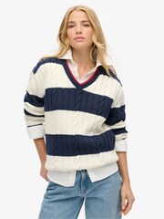 Superdry Blue Oversized Stripe Cable V-Neck Jumper - Image 2 of 6