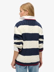 Superdry Blue Oversized Stripe Cable V-Neck Jumper - Image 3 of 6