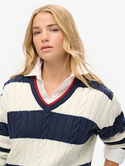 Superdry Blue Oversized Stripe Cable V-Neck Jumper - Image 4 of 6
