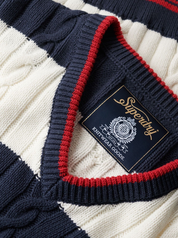Superdry Blue Oversized Stripe Cable V-Neck Jumper - Image 6 of 6
