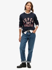 Superdry Blue Slouchy 100% Cotton Knitted Graphic Crew Jumper - Image 1 of 2