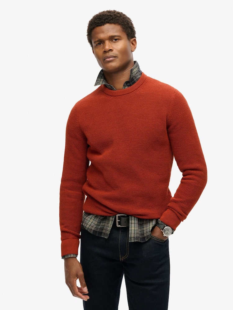 Superdry Orange 100% Cotton Textured Crew Knitted Jumper - Image 2 of 6