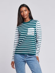 U.S. Polo Assn Green Womens Mixed Stripe Long Sleeve 100% Cotton T-Shirt - Image 1 of 7