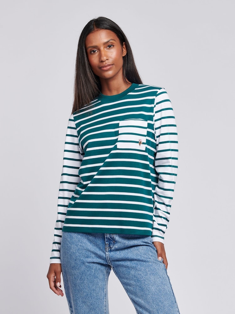 U.S. Polo Assn Green Womens Mixed Stripe Long Sleeve 100% Cotton T-Shirt - Image 1 of 7