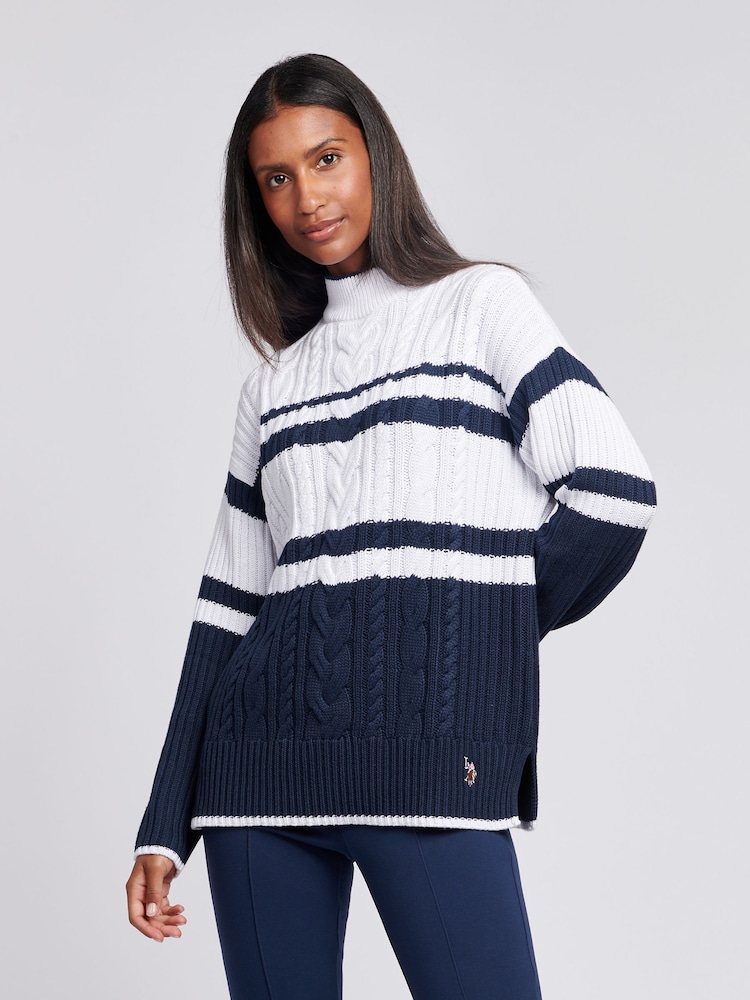 U.S. Polo Assn Blue Womens Colourblock Cable Jumper - Image 1 of 4