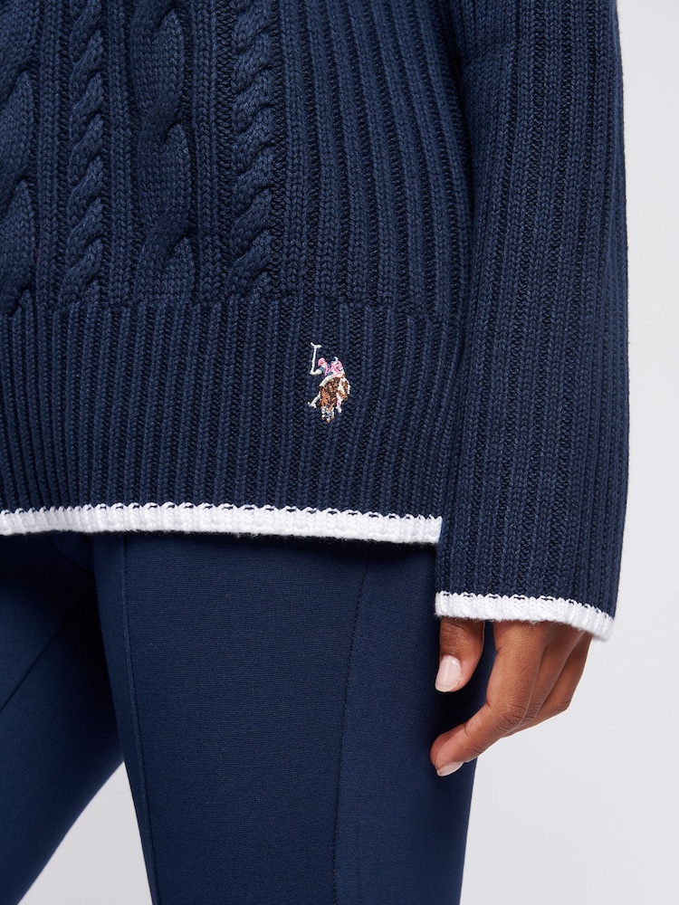 U.S. Polo Assn Blue Womens Colourblock Cable Jumper - Image 2 of 4
