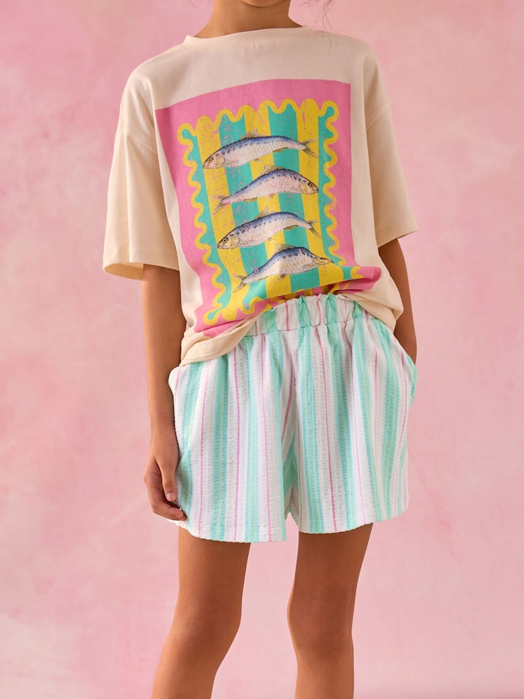 Aqua Blue Stripe 100% Cotton Pull On Textured Shorts (3-16yrs) - Image 1 of 3
