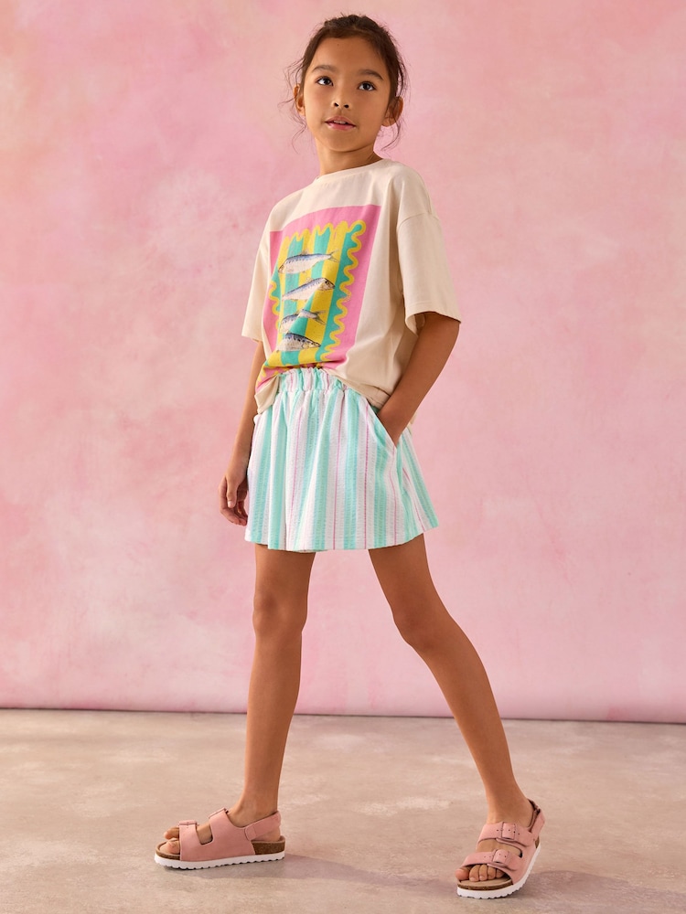 Aqua Blue Stripe 100% Cotton Pull On Textured Shorts (3-16yrs) - Image 2 of 3
