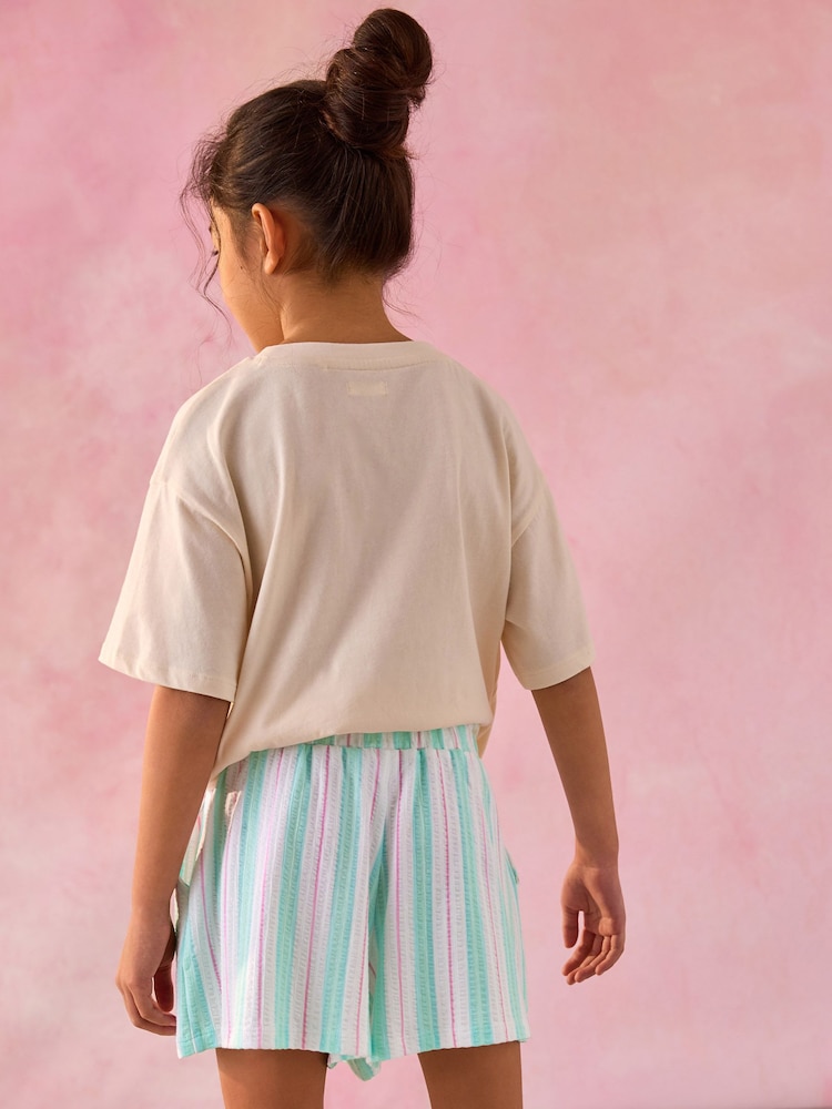 Aqua Blue Stripe 100% Cotton Pull On Textured Shorts (3-16yrs) - Image 3 of 3